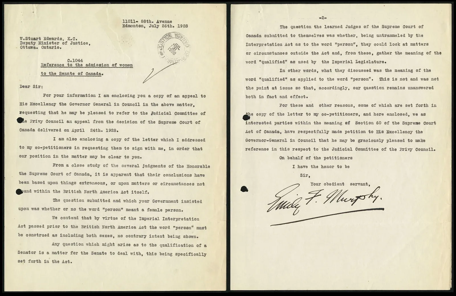 Two typed pages of Emily Murphy's letter dated July 26, 1928, requesting an appeal to the Judicial Committee of the Privy Council