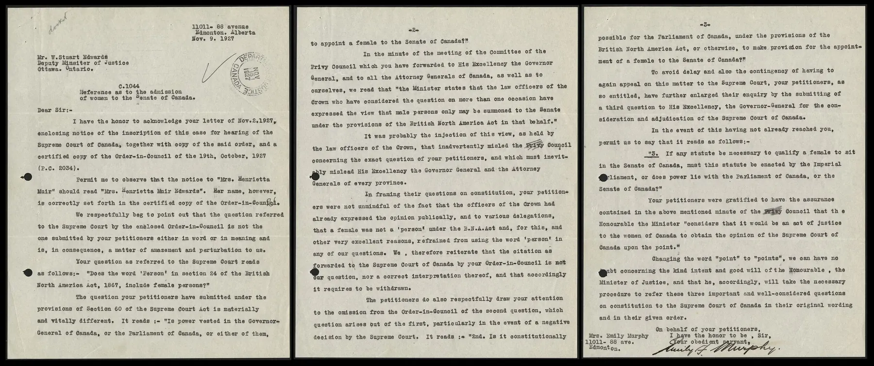 Three typed pages of Emily Murphy's letter to the Deputy Minister of Justice dated November 9, 1927, signed by Murphy
