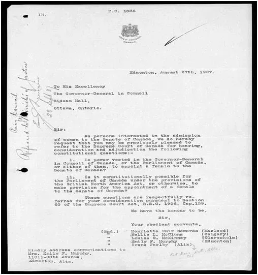 Typed 1927 petition to the Governor General in Council asking whether a woman can be appointed to the Senate of Canada, signed by the Famous Five